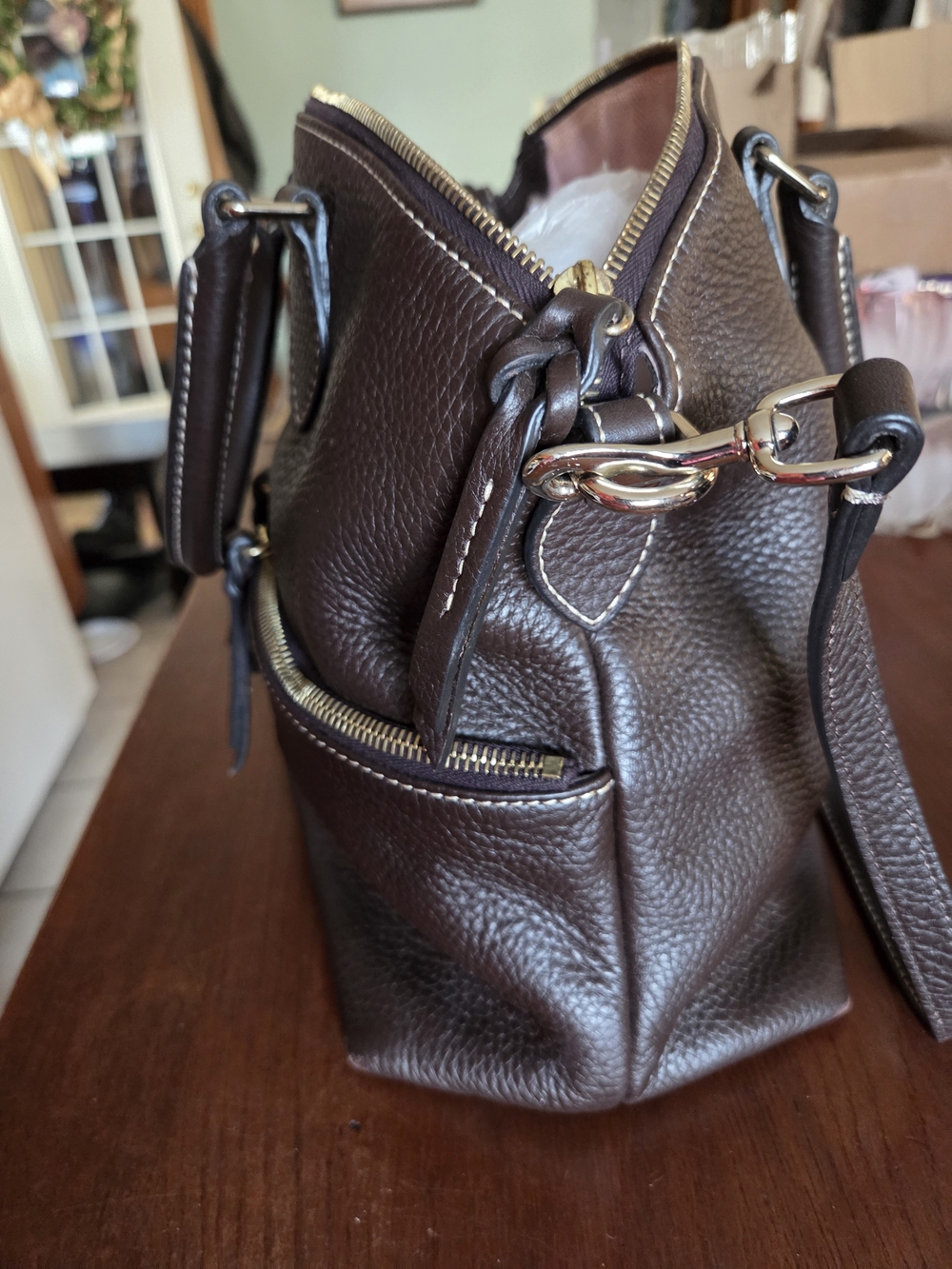 Dooney & Bourke Pebble Leather Satchel Bag in Dark Brown - Picture 9 of 10